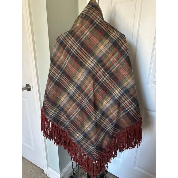 Vintage Plaid Wool Shaw Fringe Triangle brown rust gray olive green 82”x82” - Picture 5 of 16